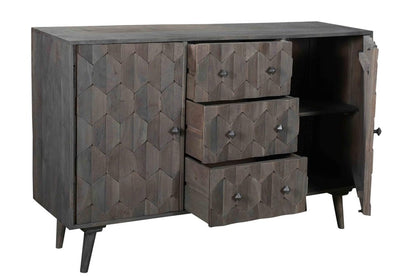 55" Dark Gray Distressed Solid Wood Carved Geometric Three Drawer Sideboard with Two Doors HomeRoots