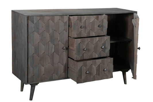 55" Dark Gray Distressed Solid Wood Carved Geometric Three Drawer Sideboard With Two Doors
