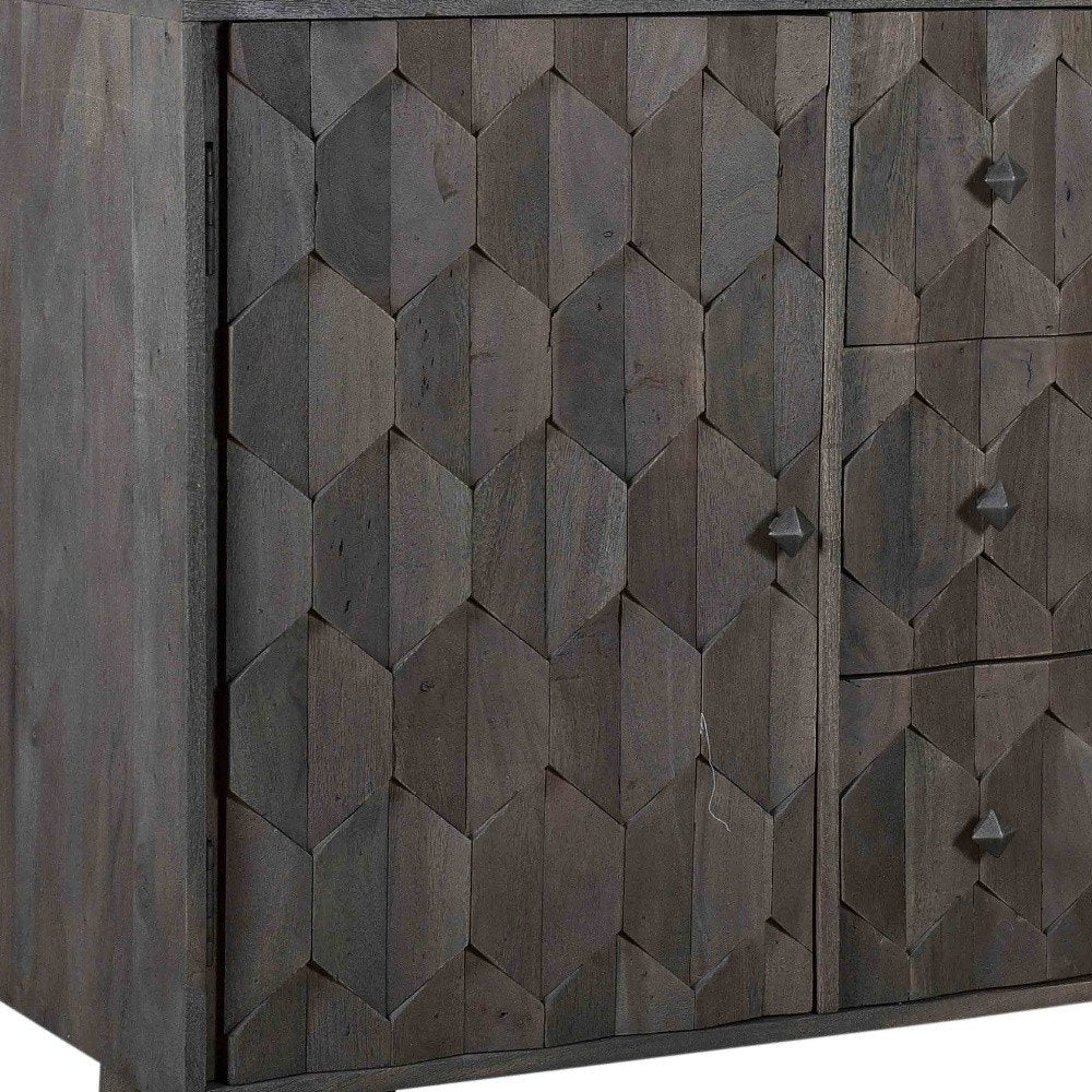 55" Dark Gray Distressed Solid Wood Carved Geometric Three Drawer Sideboard with Two Doors HomeRoots