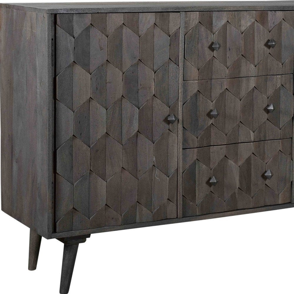 55" Dark Gray Distressed Solid Wood Carved Geometric Three Drawer Sideboard with Two Doors HomeRoots