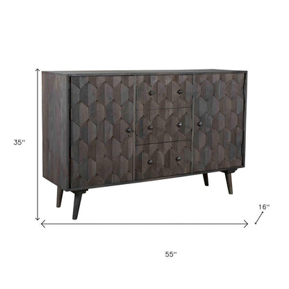 55" Dark Gray Distressed Solid Wood Carved Geometric Three Drawer Sideboard with Two Doors HomeRoots