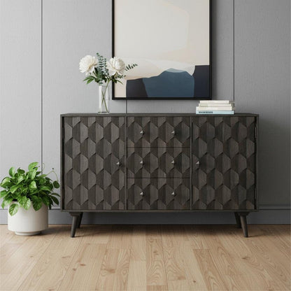 55" Dark Gray Distressed Solid Wood Carved Geometric Three Drawer Sideboard with Two Doors HomeRoots
