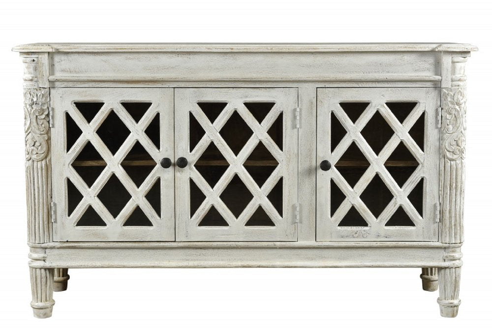 58" White Distressed Solid Wood Carved Scrollwork Sideboard with Three Glass Doors HomeRoots