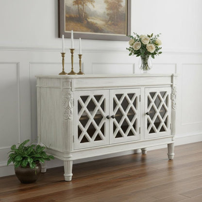 58" White Distressed Solid Wood Carved Scrollwork Sideboard with Three Glass Doors HomeRoots