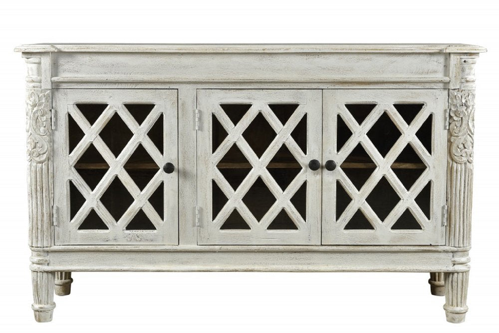 58" White Distressed Solid Wood Carved Scrollwork Sideboard with Three Glass Doors HomeRoots