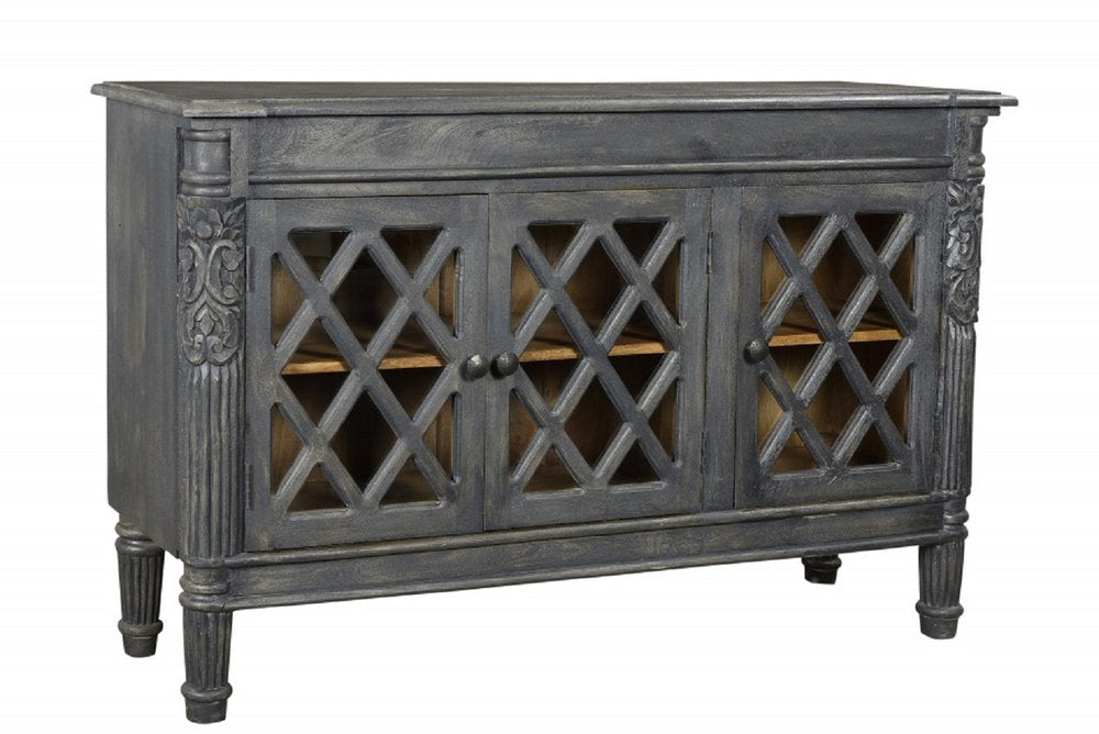 58" Dark Gray Distressed Solid Wood Carved Scrollwork Sideboard with Three Glass Doors HomeRoots