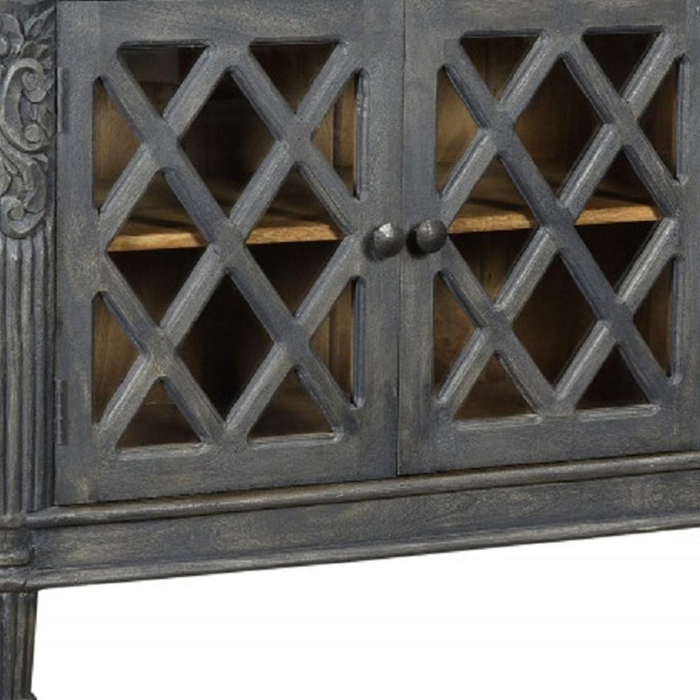 58" Dark Gray Distressed Solid Wood Carved Scrollwork Sideboard with Three Glass Doors HomeRoots