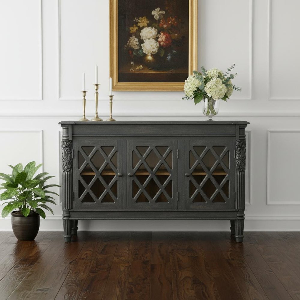58" Dark Gray Distressed Solid Wood Carved Scrollwork Sideboard with Three Glass Doors HomeRoots