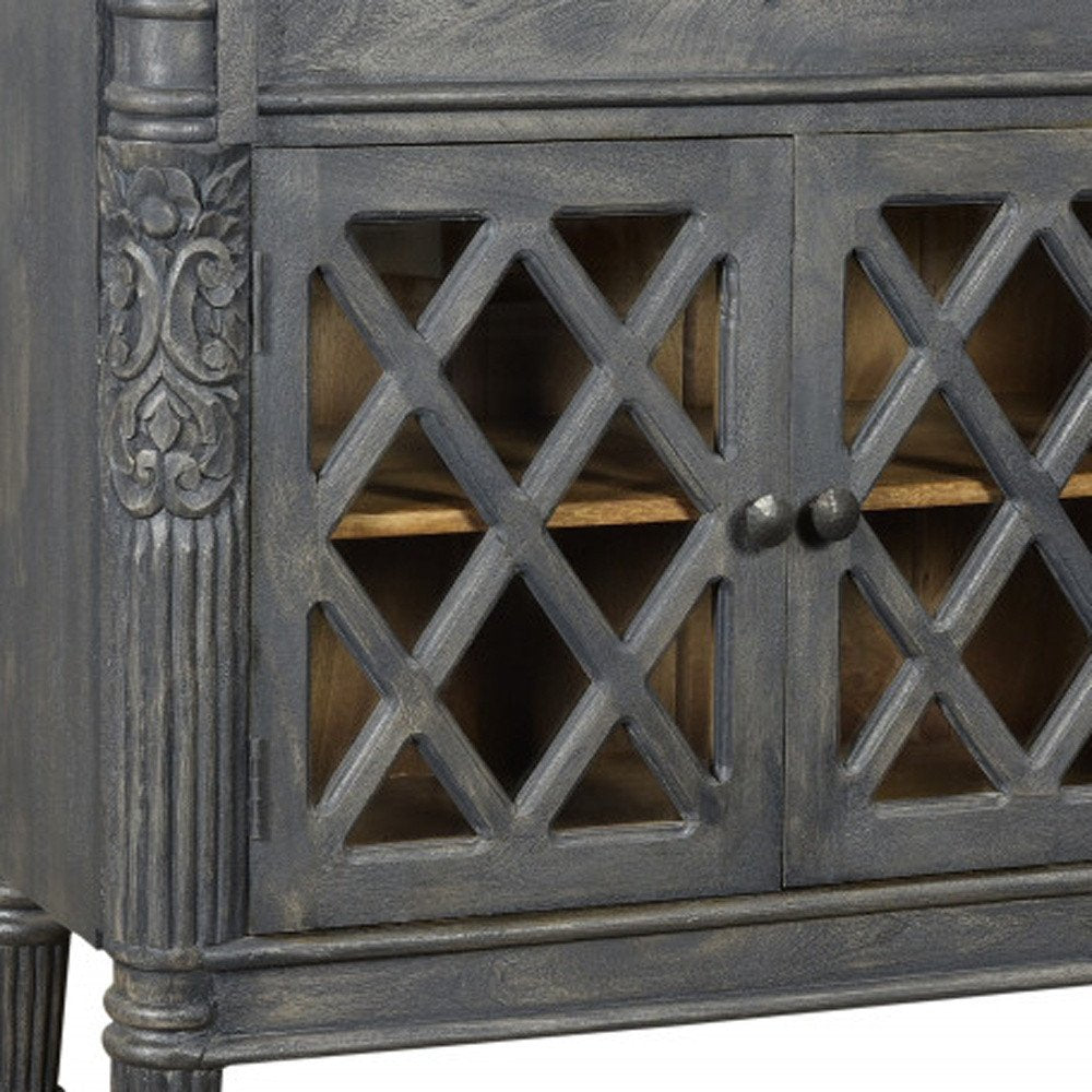 58" Dark Gray Distressed Solid Wood Carved Scrollwork Sideboard with Three Glass Doors HomeRoots