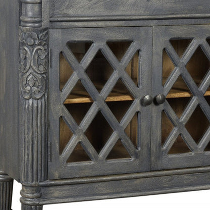 58" Dark Gray Distressed Solid Wood Carved Scrollwork Sideboard with Three Glass Doors HomeRoots