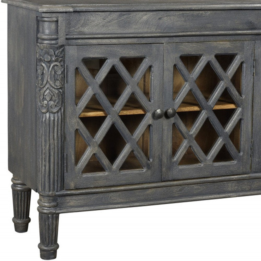 58" Dark Gray Distressed Solid Wood Carved Scrollwork Sideboard with Three Glass Doors HomeRoots