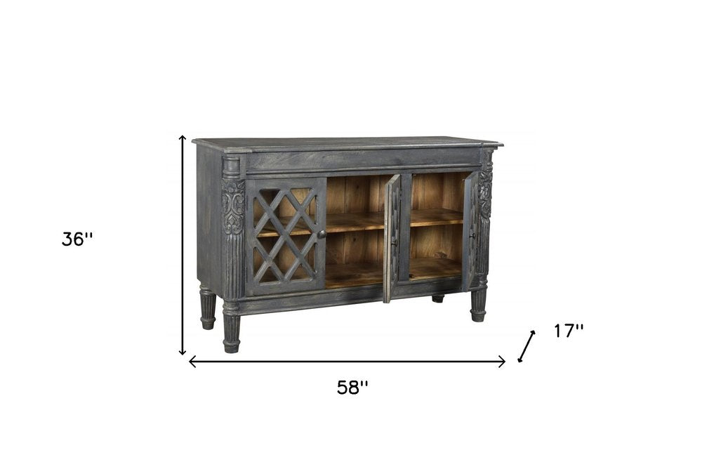 58" Dark Gray Distressed Solid Wood Carved Scrollwork Sideboard with Three Glass Doors HomeRoots