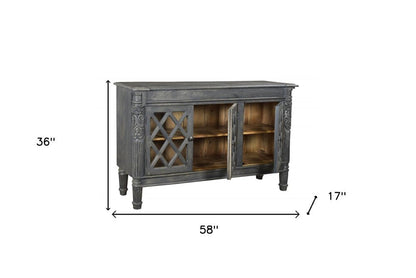 58" Dark Gray Distressed Solid Wood Carved Scrollwork Sideboard with Three Glass Doors HomeRoots