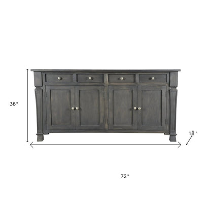 72" Dark Gray Solid Wood Four Drawer Sideboard with Four Doors