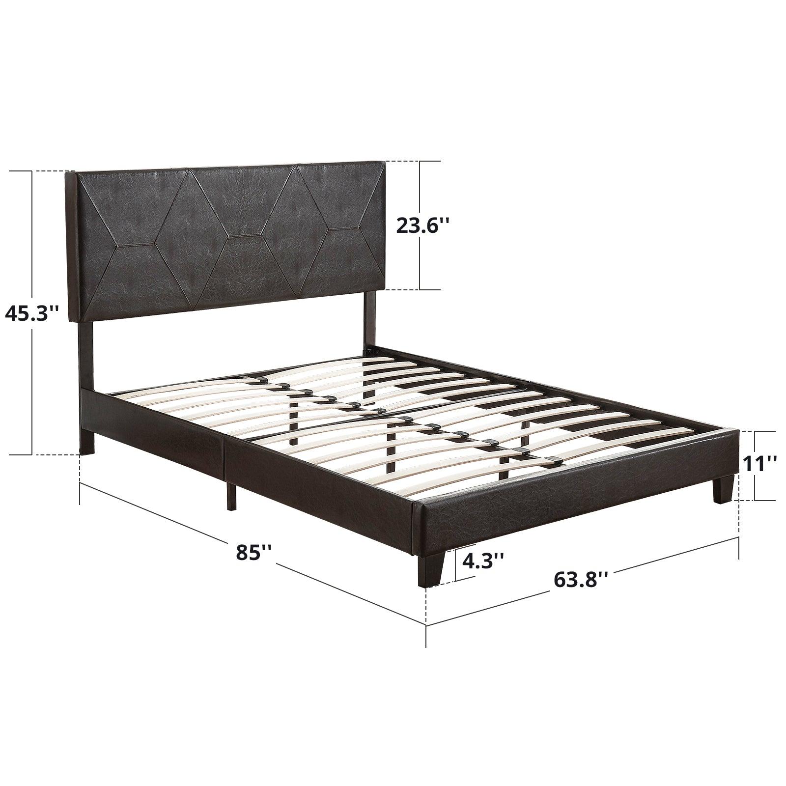 Queen Size Upholstered Platform Bed Frame Wood Slat Support Easy Assembly Black pu - FurniFindUSA