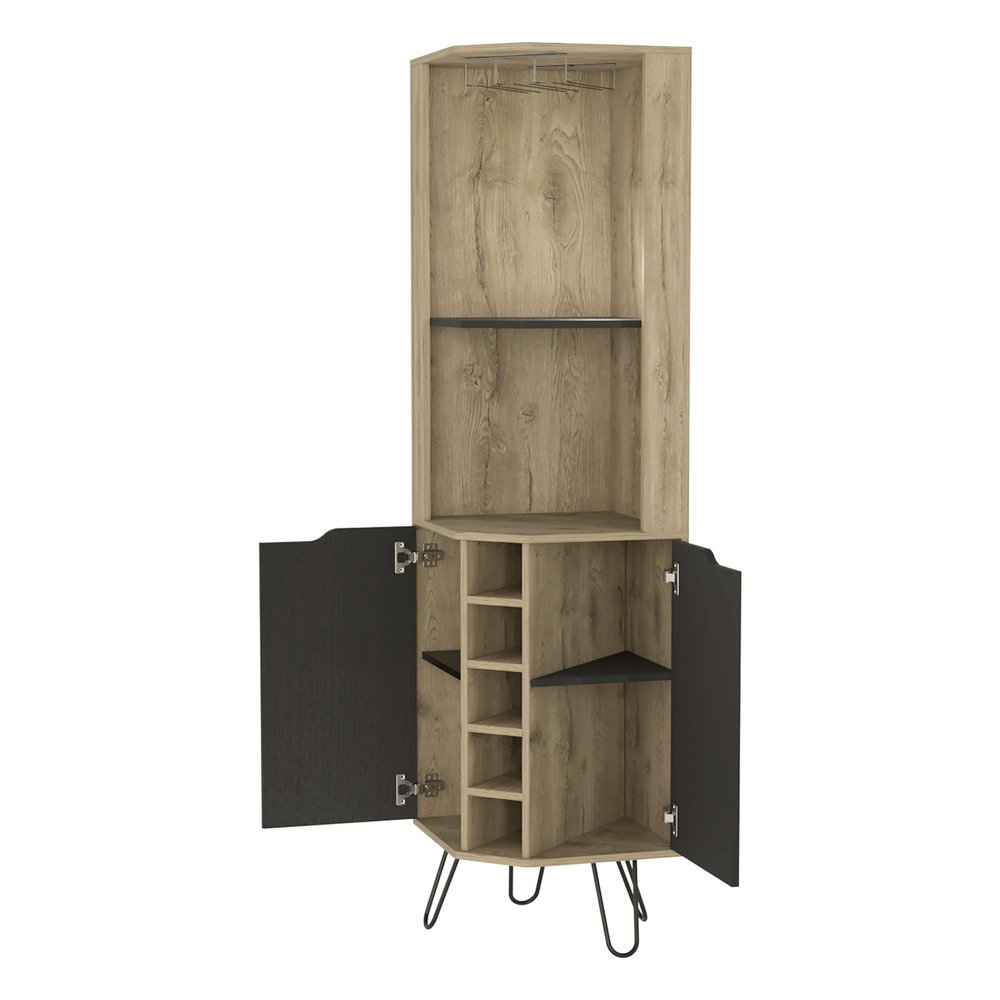 18" Brown and Black and Brown Corner Bar Cabinet With Eleven Shelves HomeRoots