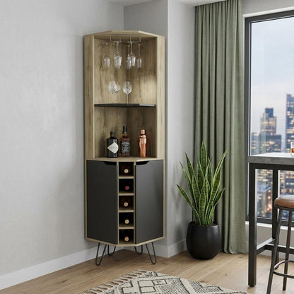 18" Brown and Black and Brown Corner Bar Cabinet With Eleven Shelves HomeRoots