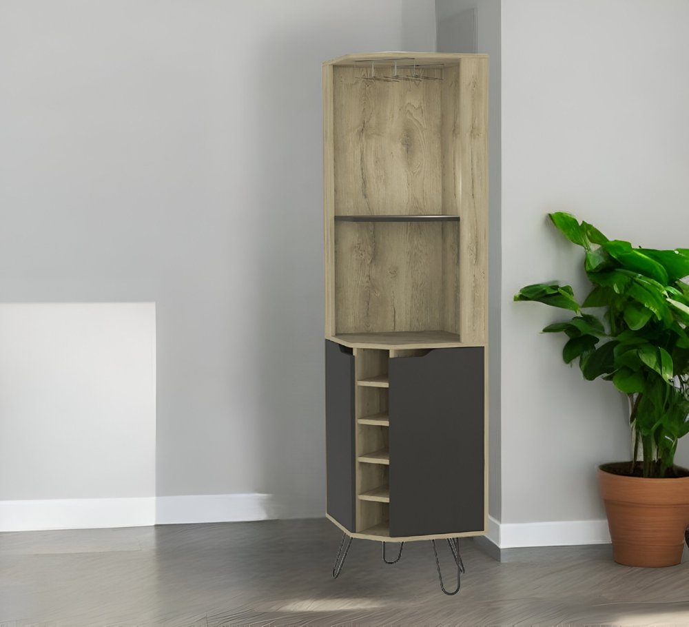 18" Brown and Black and Brown Corner Bar Cabinet With Eleven Shelves HomeRoots