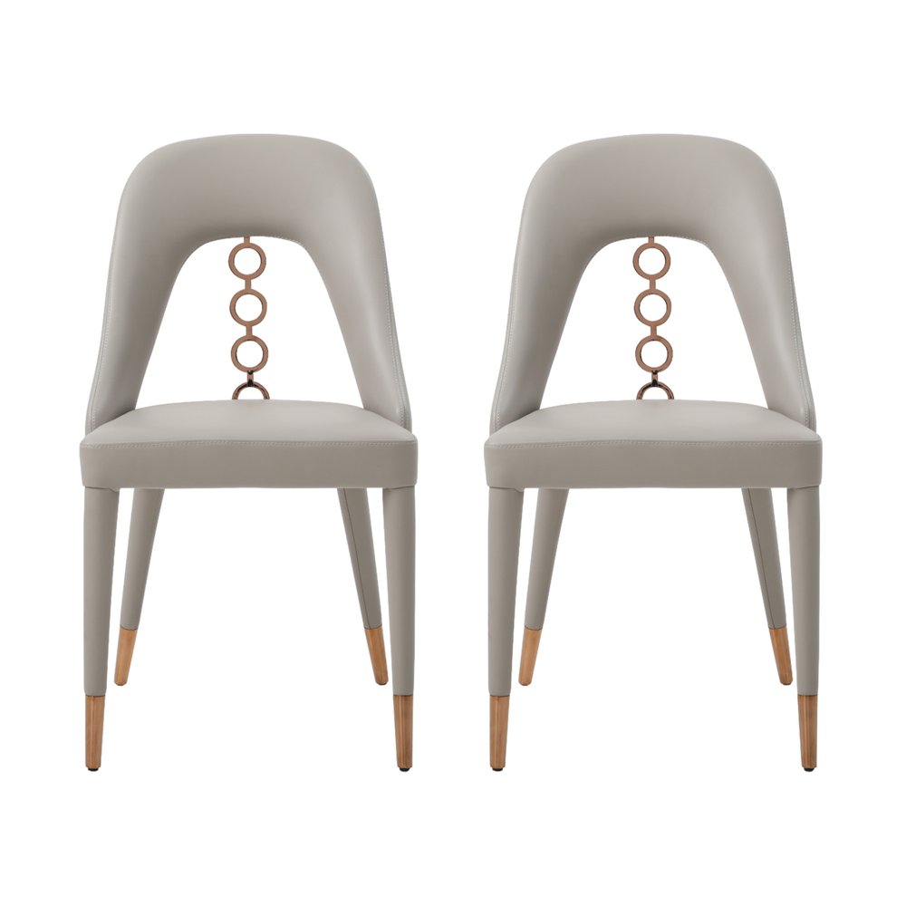 Set of Two Light Gray Faux Leather Dining Side Chairs With Rose Gold Accents HomeRoots