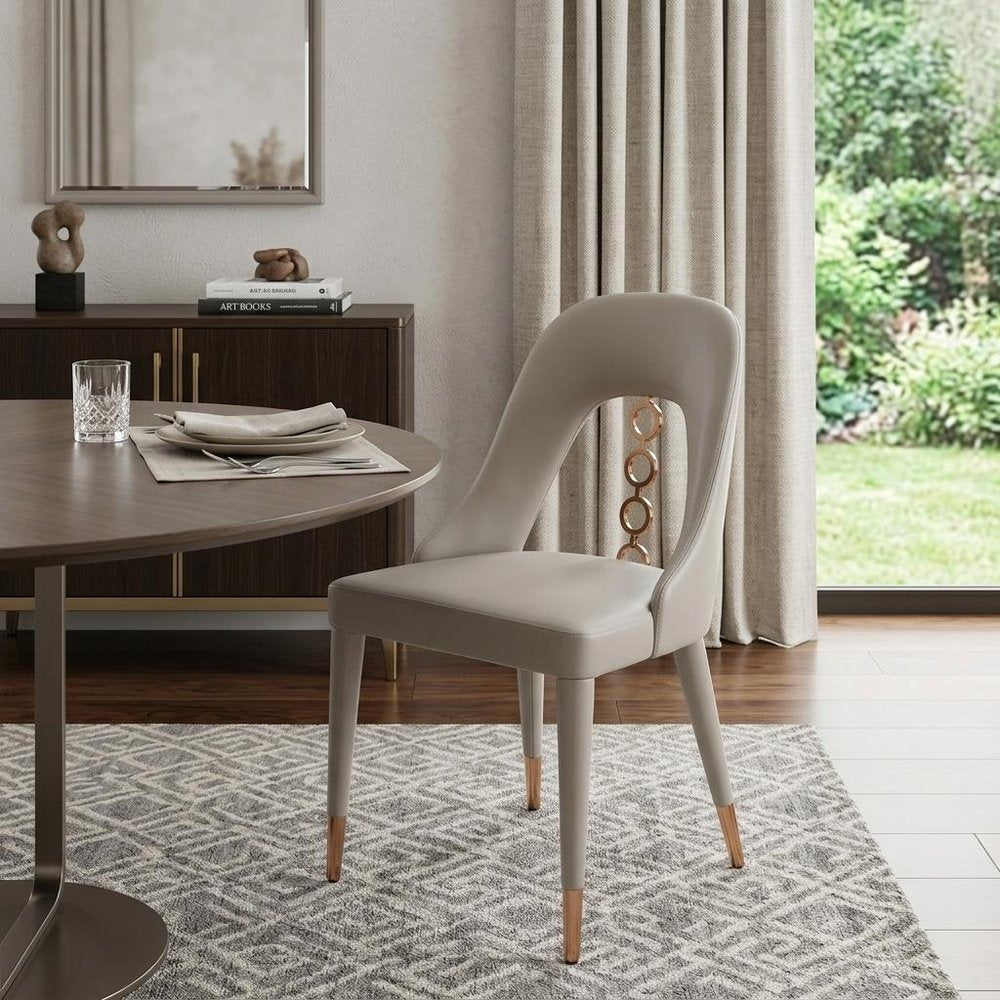 Set of Two Light Gray Faux Leather Dining Side Chairs With Rose Gold Accents HomeRoots