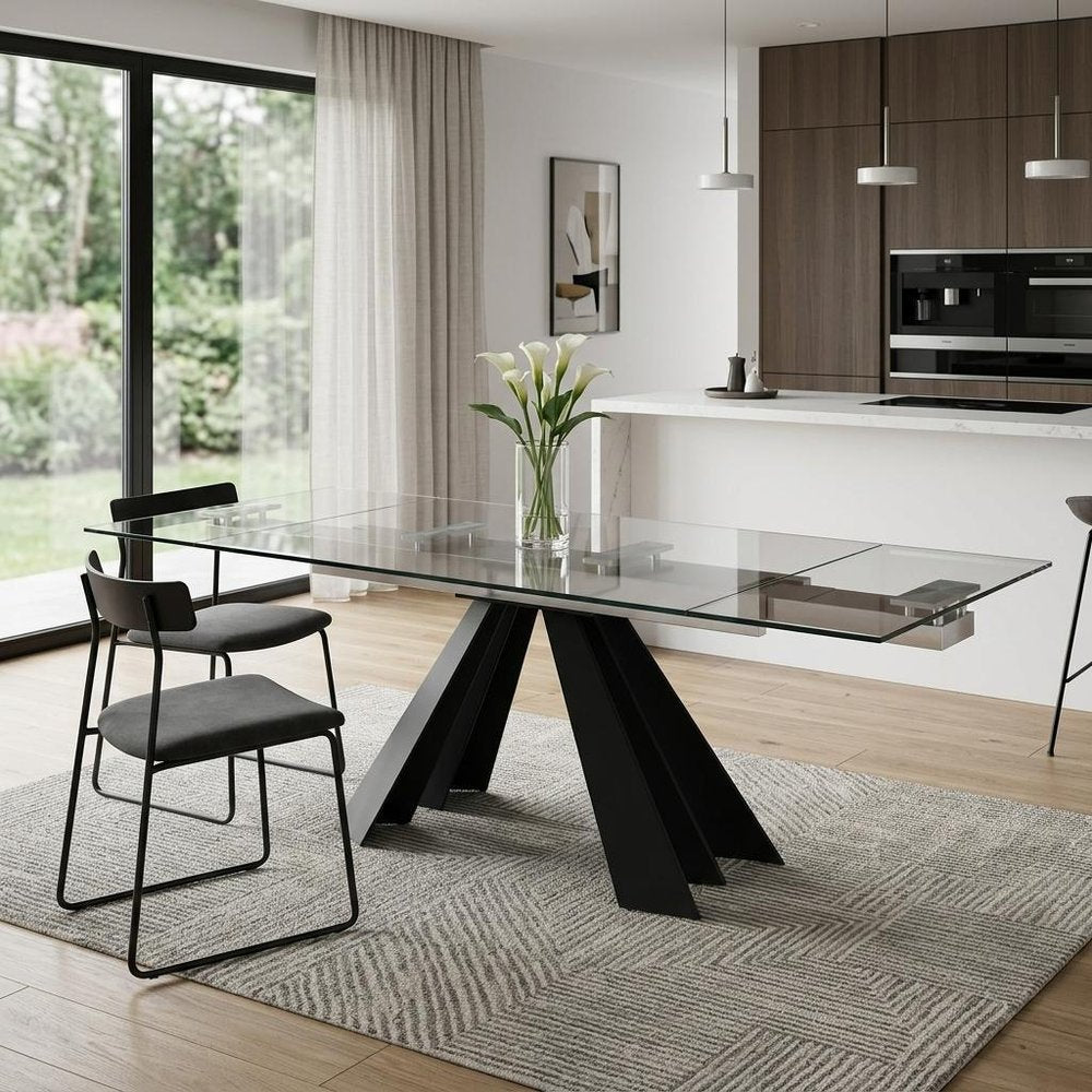 63" Clear And Black Glass And Metal Drop Leaf Pedestal Base Dining Table HomeRoots