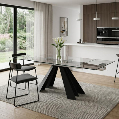 63" Clear And Black Glass And Metal Drop Leaf Pedestal Base Dining Table HomeRoots