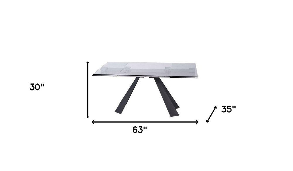 63" Clear And Black Glass And Metal Drop Leaf Pedestal Base Dining Table - FurniFindUSA