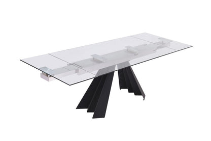 63" Clear And Black Glass And Metal Drop Leaf Pedestal Base Dining Table HomeRoots