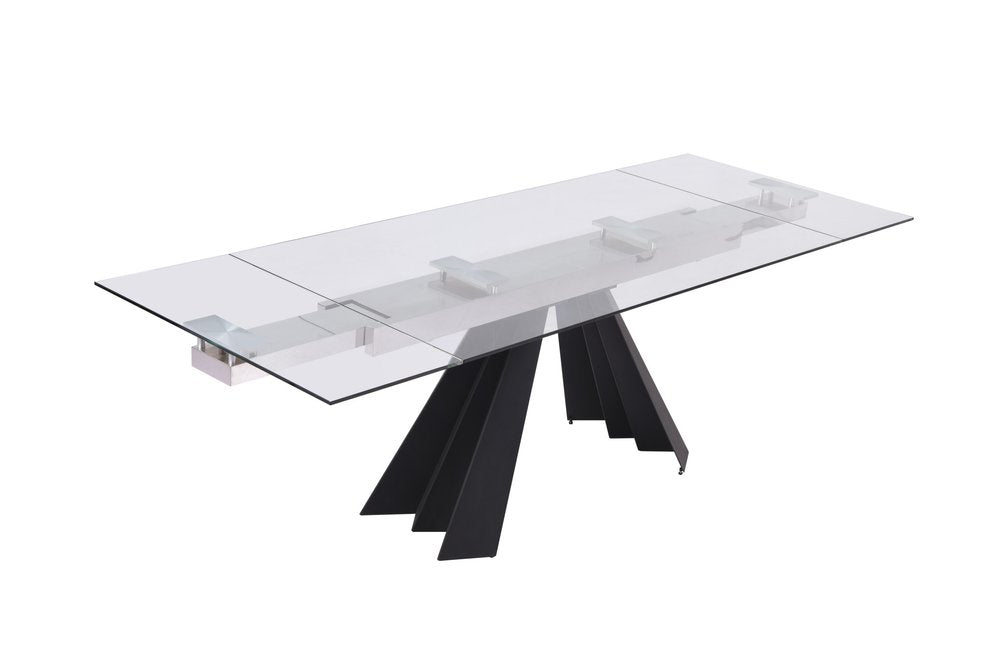 63" Clear And Black Glass And Metal Drop Leaf Pedestal Base Dining Table - FurniFindUSA