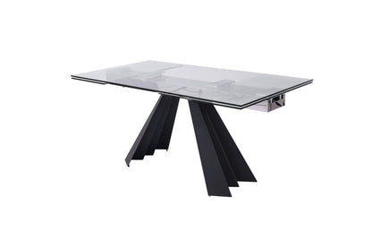 63" Clear And Black Glass And Metal Drop Leaf Pedestal Base Dining Table HomeRoots