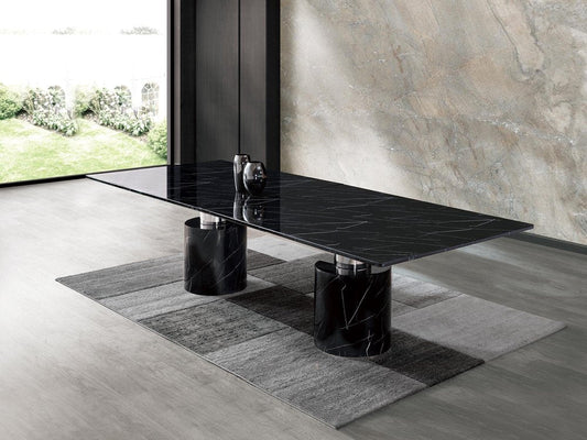 180" Black Marble Double Pedestal Base Dining Table HomeRoots