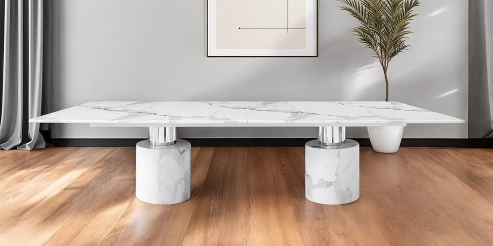 180" White Marble Double Pedestal Base Dining Table HomeRoots