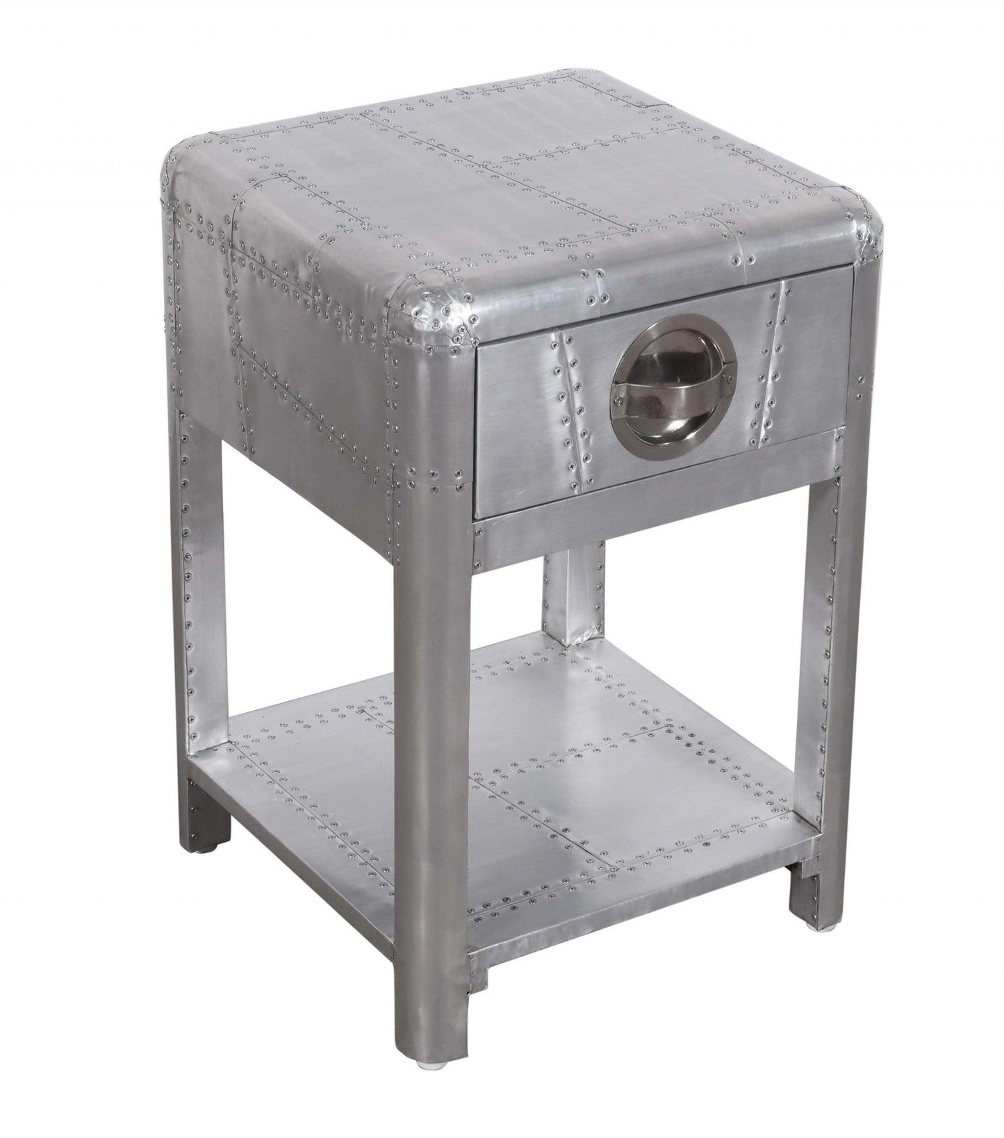 24" Silver Aluminum Square End Table With Drawer And Shelf - FurniFindUSA