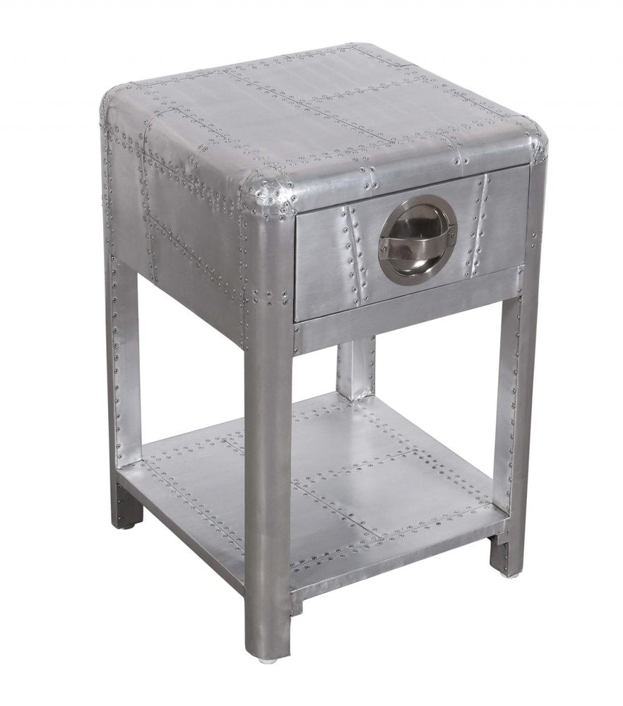 24" Silver Aluminum Square End Table With Drawer And Shelf HomeRoots