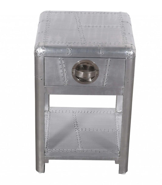 24" Silver Aluminum Square End Table With Drawer And Shelf HomeRoots