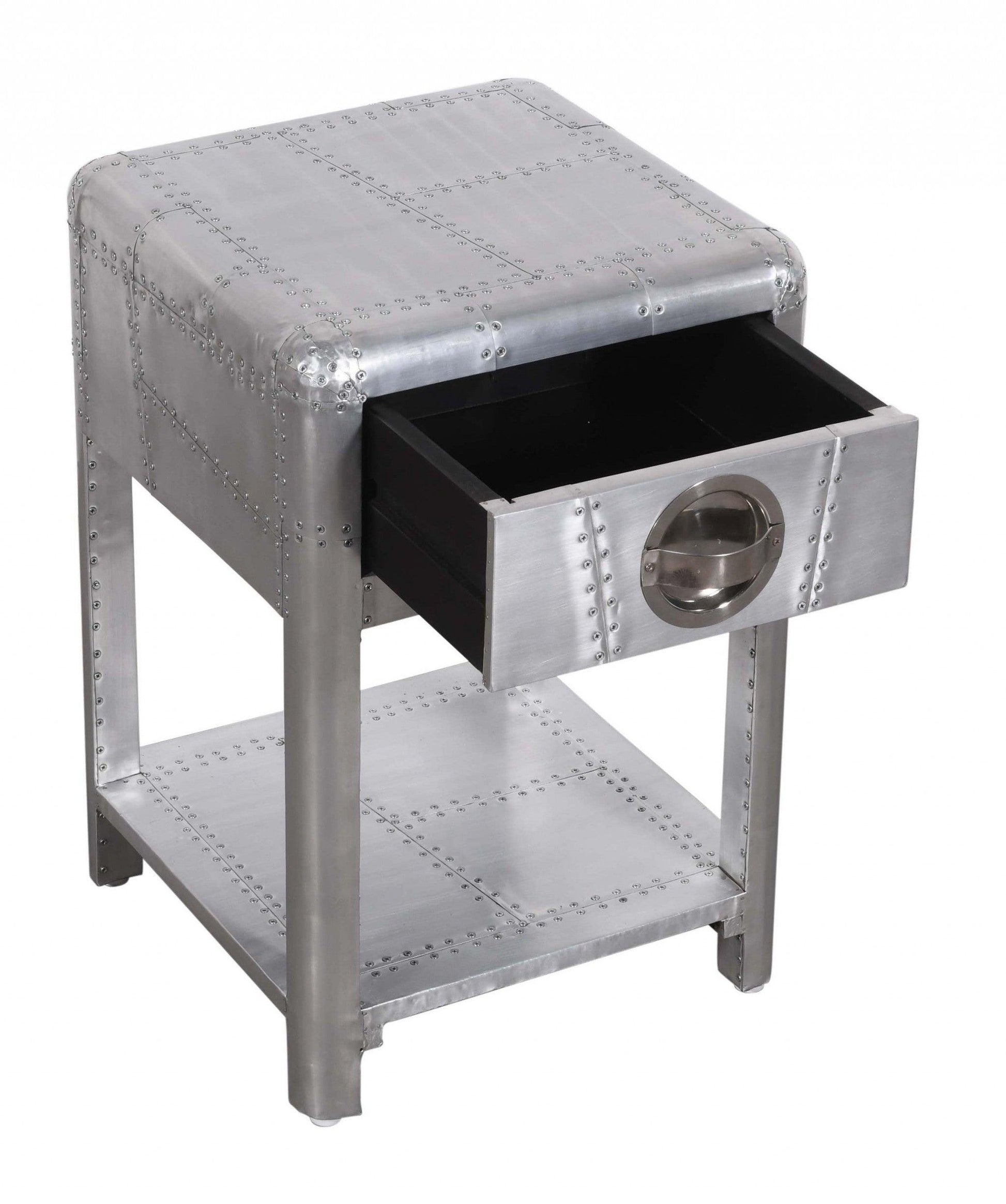 24" Silver Aluminum Square End Table With Drawer And Shelf - FurniFindUSA