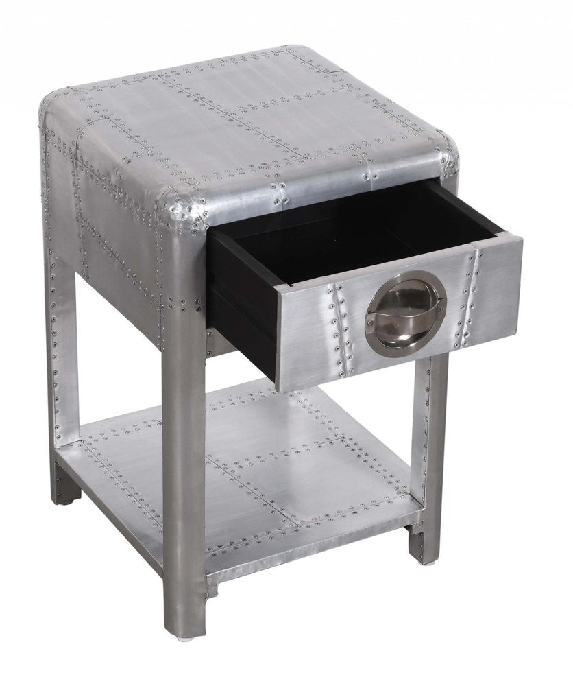 24" Silver Aluminum Square End Table With Drawer And Shelf HomeRoots