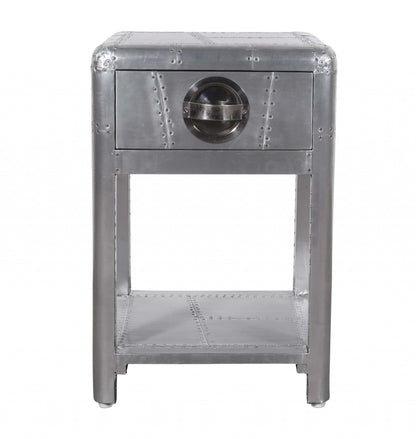 24" Silver Aluminum Square End Table With Drawer And Shelf - FurniFindUSA