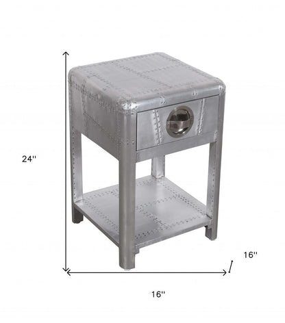 24" Silver Aluminum Square End Table With Drawer And Shelf HomeRoots