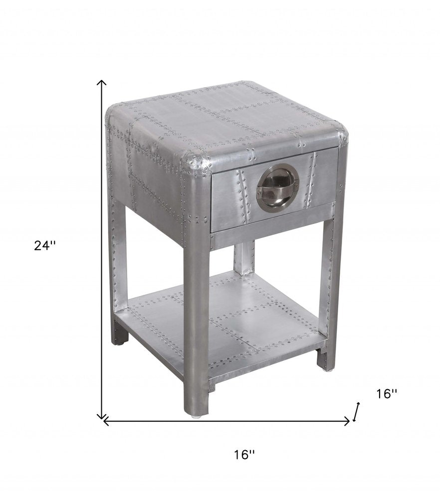 24" Silver Aluminum Square End Table With Drawer And Shelf HomeRoots