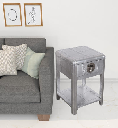 24" Silver Aluminum Square End Table With Drawer And Shelf - FurniFindUSA