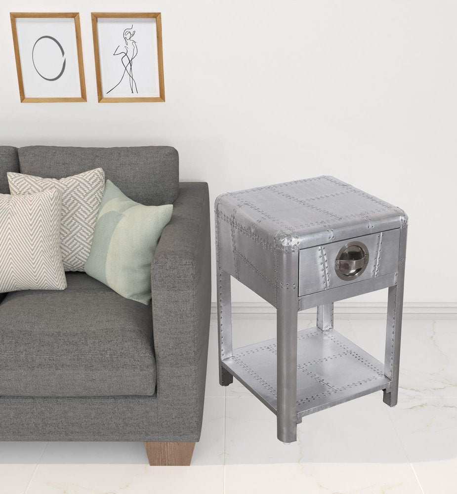 24" Silver Aluminum Square End Table With Drawer And Shelf HomeRoots