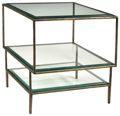 20" Bronze And Clear Glass And Iron Square End Table With Two Shelves HomeRoots
