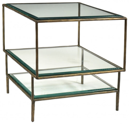 20" Bronze And Clear Glass And Iron Square End Table With Two Shelves HomeRoots