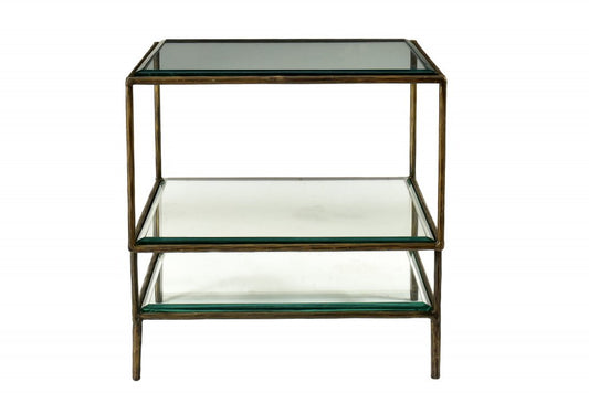 20" Bronze And Clear Glass And Iron Square End Table With Two Shelves HomeRoots