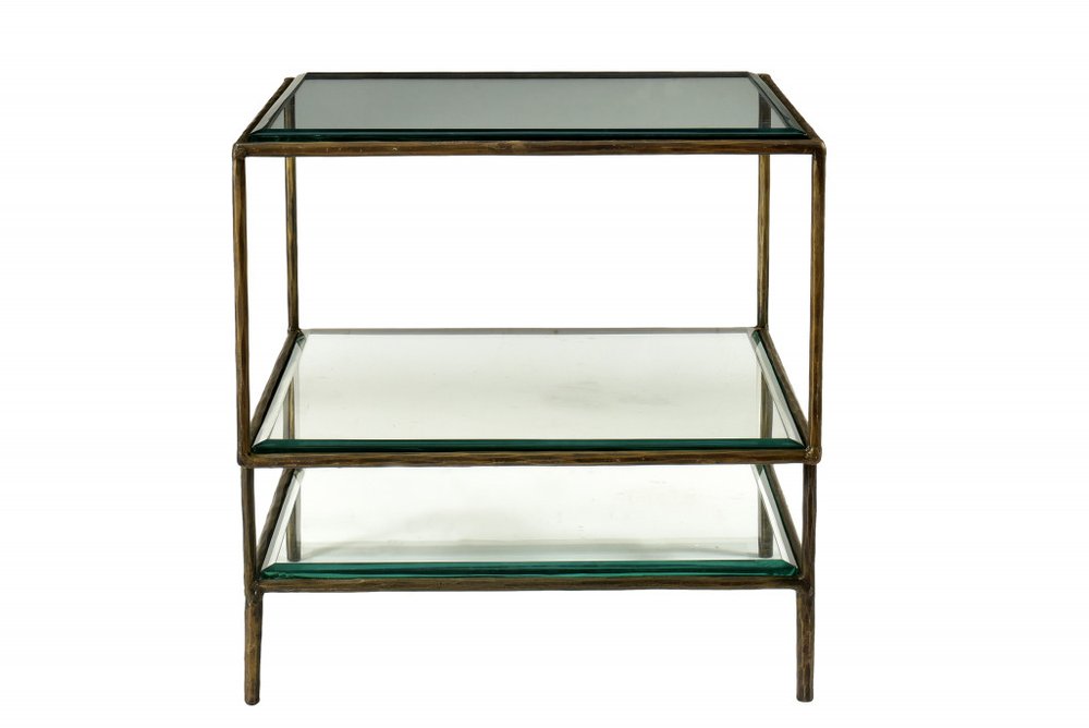 20" Bronze And Clear Glass And Iron Square End Table With Two Shelves — view 2