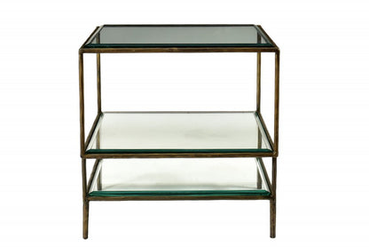 20" Bronze And Clear Glass And Iron Square End Table With Two Shelves HomeRoots