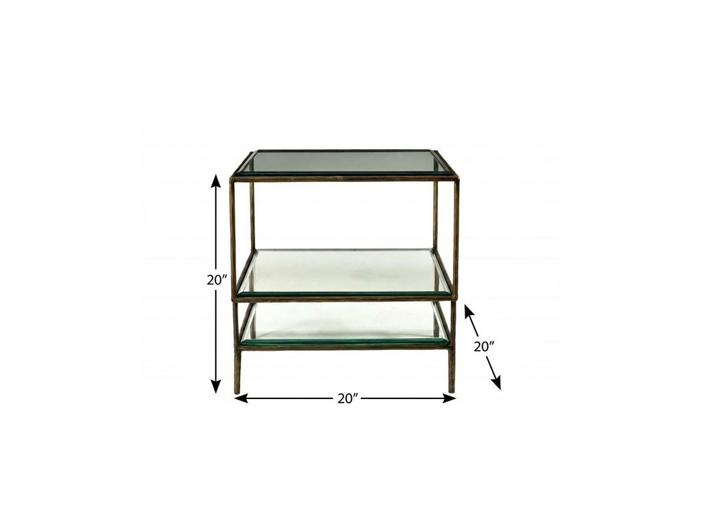 20" Bronze And Clear Glass And Iron Square End Table With Two Shelves HomeRoots