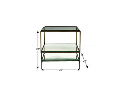 20" Bronze And Clear Glass And Iron Square End Table With Two Shelves HomeRoots
