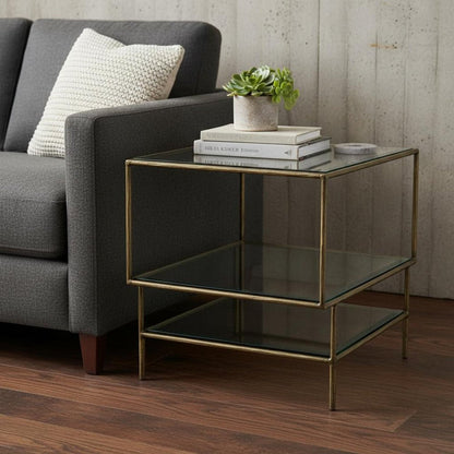 20" Bronze And Clear Glass And Iron Square End Table With Two Shelves HomeRoots